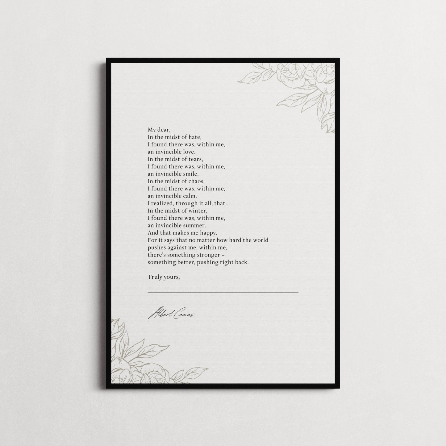 The Stranger "In The Midst Of Winter, I found there was in me an invincible summer..." Albert Camus, Book Quote Print