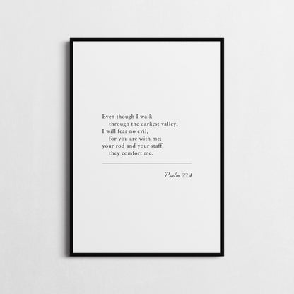 Psalm 23:4 | Bible Verse Poster | Bible Verse Framed Print | Christian Wall Art | I will fear no evil... | Religious gift