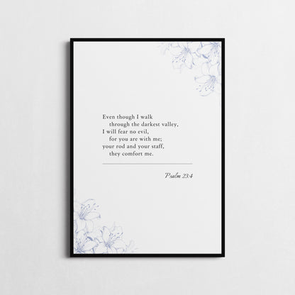 Psalm 23:4 | Bible Verse Poster | Bible Verse Framed Print | Christian Wall Art | I will fear no evil... | Religious gift