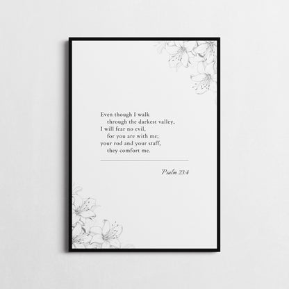 Psalm 23:4 | Bible Verse Poster | Bible Verse Framed Print | Christian Wall Art | I will fear no evil... | Religious gift