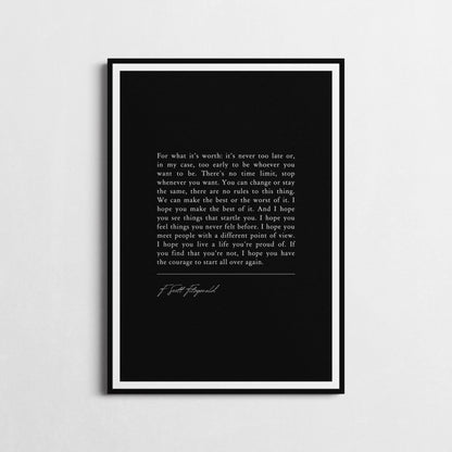 F. Scott Fitzgerald | 'For What It's Worth' | Inspirational Wall Décor | Motivational Poster | Book Quotes | Wall Art Decor | Inspiring Gift